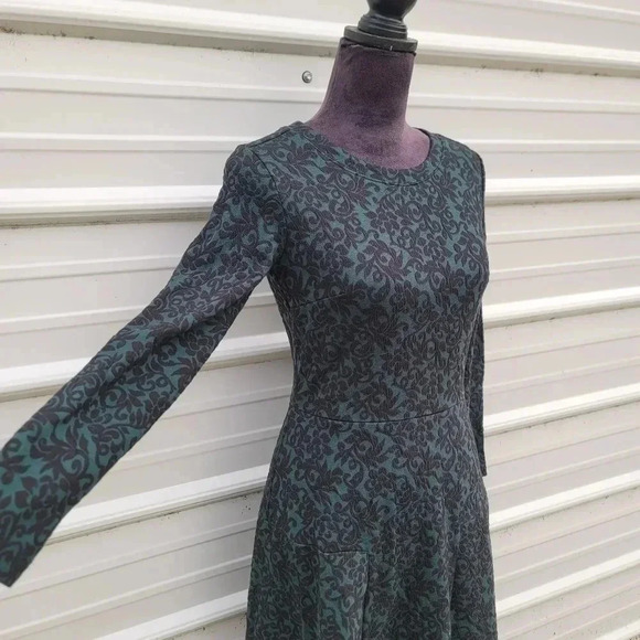 Loft Ann Taylor A-Line Floral Green Black Emerald Dress Long Sleeve Stretch Sz 4 - Picture 12 of 12